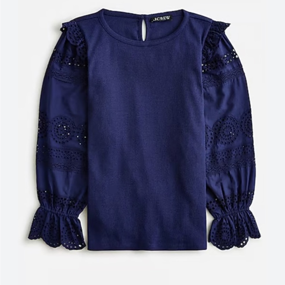 J crew Navy Blue ribbed Eyelet Ruffle-Trim Top size small